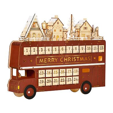 Christmas Advent Calendar, Light Up Wooden Bus Decoration W/ Village & Drawers