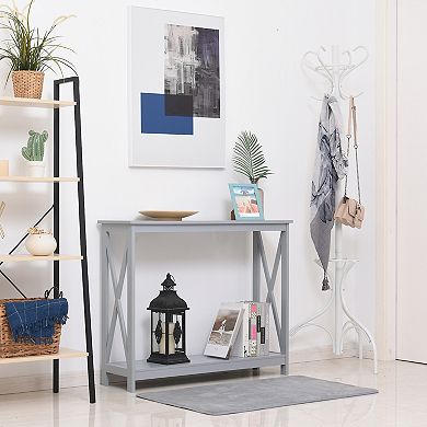 HOMCOM 2 Tier Console Table Sofa Side Table with Storage Shelf X Design for Entryway Living Room and Hallway Grey