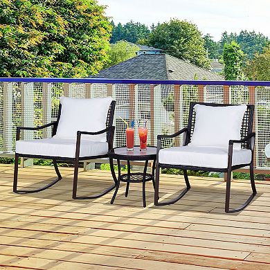 3pc Outdoor Wicker Rocking Chair Set, Pe Rattan, Cushions, Pillows, 2-tier Table