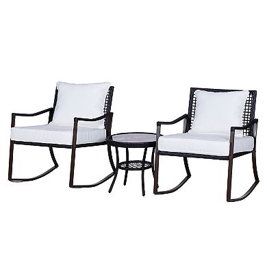 3pc Outdoor Wicker Rocking Chair Set, Pe Rattan, Cushions, Pillows, 2-tier Table