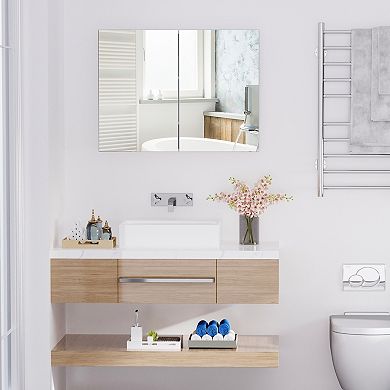 Wooden Toiletry Mirror Carbinet W/ Removeable Shelves, Storage, & Quiet Hinges