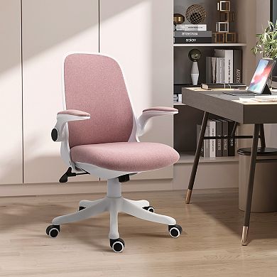 Vinsetto Linen Touch Fabric Office Desk Chair Swivel Task Chair with Adjustable Lumbar Support Height and Flip up Padded Arms Pink