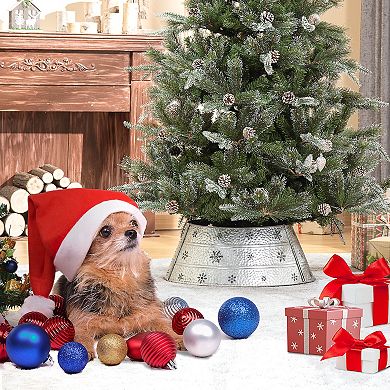 Christmas Tree Collar Steel Tree Ring Skirt W/ Snowflake Print, 26" Base, Silver