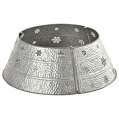 Christmas Tree Collar Steel Tree Ring Skirt W/ Snowflake Print, 26" Base, Silver