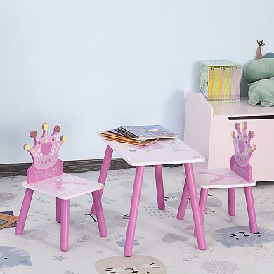 Qaba 3 Piece Kids Wooden Table and Chair Set with Crown Pattern Gift for Girls Toddlers Arts Reading Writing Age 3 Years+ Pink