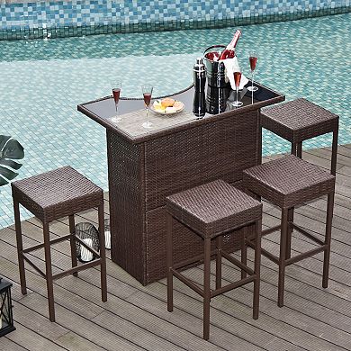 5pc Outdoor Rattan Pe Wicker Bar Set Bistro Patio Furniture Table Stool