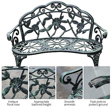 Outdoor Patio Garden Bench Yard Park Furniture Cast Aluminum Antique Rose Design