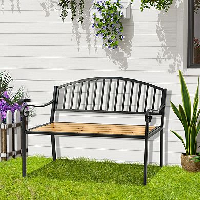 50" Antique Garden Bench Loveseat Wood Seat & Steel Frame For Yard, Lawn, Porch