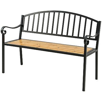 50" Antique Garden Bench Loveseat Wood Seat & Steel Frame For Yard, Lawn, Porch