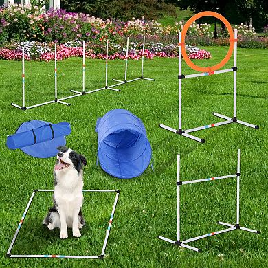 Pawhut 5 Piece Outdoor Game Dog Agility Training Equipment Set Agility Starter Kit Jumping Ring Hurdle Bar Tunnel