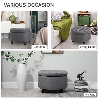 HOMCOM Upholstered Round Linen Storage Stool Footrest of Button Tufted