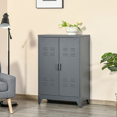2-tier Steel Storage Cabinet W/ 2 Adjustable Shelves For Office Garage, Grey