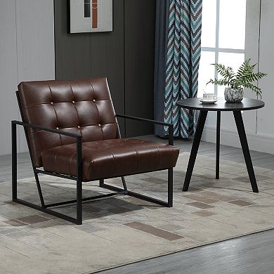 HOMCOM Mid Century Modern Accent Chair Faux Leather Sofa Button Tufted Armchair with Metal Frame Brown