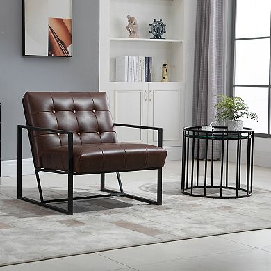HOMCOM Mid Century Modern Accent Chair Faux Leather Sofa Button Tufted Armchair with Metal Frame Brown