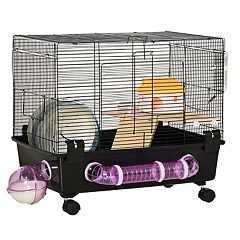 PawHut 35 Small Animal Cage Chinchilla Guinea Pig Hutch Ferret Pet House  with Platform Ramp, Food Dish, Wheels, & Water Bottle