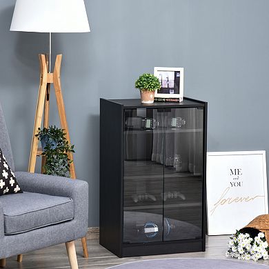 Wood Grain Storage Console Center With Glass Doors And Cable Management, Black