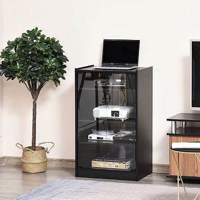 Wood Grain Storage Console Center With Glass Doors And Cable Management, Black