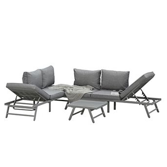 3 pc Outdoor Convertible Sofas W/ Table, Throw Pillows, Cushions, Grey