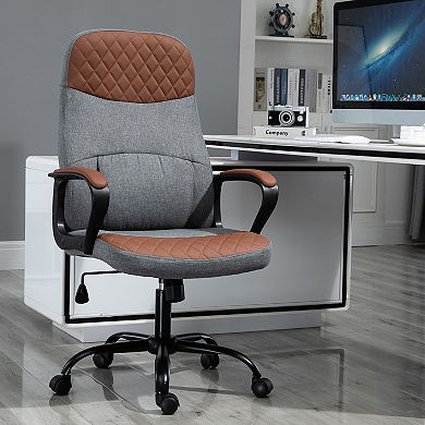 Vinsetto High Back Office Chair with 2 Point Lumbar Massage USB Power Faux Leather and Linen Fabric Brown and Grey