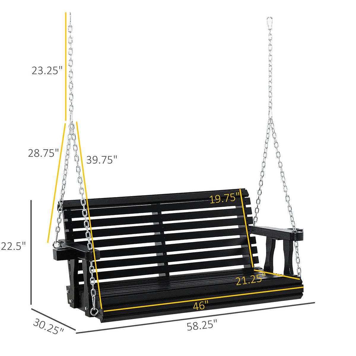 Hanging porch swing dimensions labeled for 2-person bench