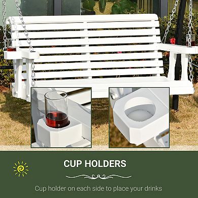 2 Person Wooden Porch Swing, Hanging Patio Bench, Cup Holder Armrests, Brown