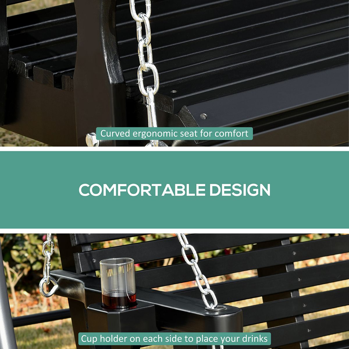 Porch swing features: weight capacity and seats up to 2 for 2-person wooden bench