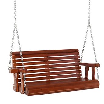 2 Person Wooden Porch Swing, Hanging Patio Bench, Cup Holder Armrests, Brown