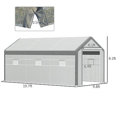 Outsunny 20' L x 10' W x 9' H Large Walk in Greenhouse with Roll Up Door 8 Closeable Windows and Weather PE Cover