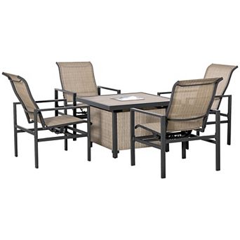 5 pc Outdoor Patio Dining Set, Ice Bucket, 4 Rocking Chairs, Square Table, Beige