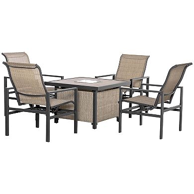 5pc Outdoor Patio Dining Set, Ice Bucket, 4 Rocking Chairs, Square Table, Beige