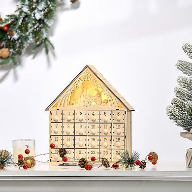 Christmas Advent Calendar Wooden Countdown House Décor W/ Bible Manger Scene
