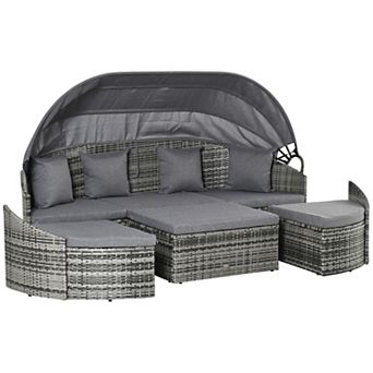 4 pc Patio Pe Rattan Furniture Set, Sectional Sofa Bed W/ Canopy, Grey