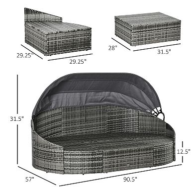 4pc Patio Pe Rattan Furniture Set, Sectional Sofa Bed W/ Canopy, Grey