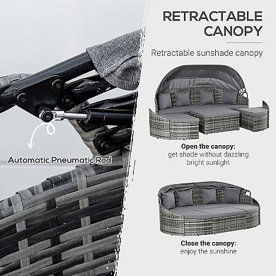 4pc Patio Pe Rattan Furniture Set, Sectional Sofa Bed W/ Canopy, Grey