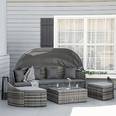 4pc Patio Pe Rattan Furniture Set, Sectional Sofa Bed W/ Canopy, Grey