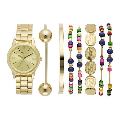Folio Women's Gold Tone Watch Colorful Stackable Bracelet Set