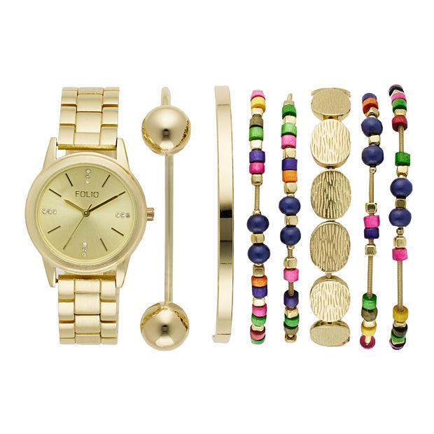 Folio Women s Gold Tone Watch Colorful Stackable Bracelet Set