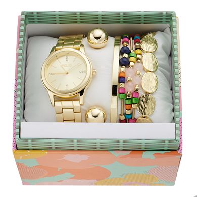Folio Women's Gold Tone Watch & Colorful Stackable Bracelet Set