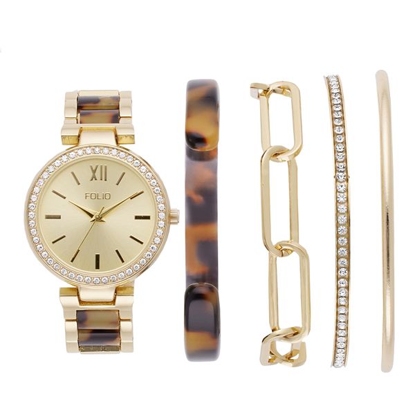 Folio Women's Gold Tone Glitz Watch & Stackable Bangle Bracelet Set - Gold Tone