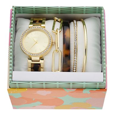 Folio Women's Gold Tone Glitz Watch & Stackable Bangle Bracelet Set