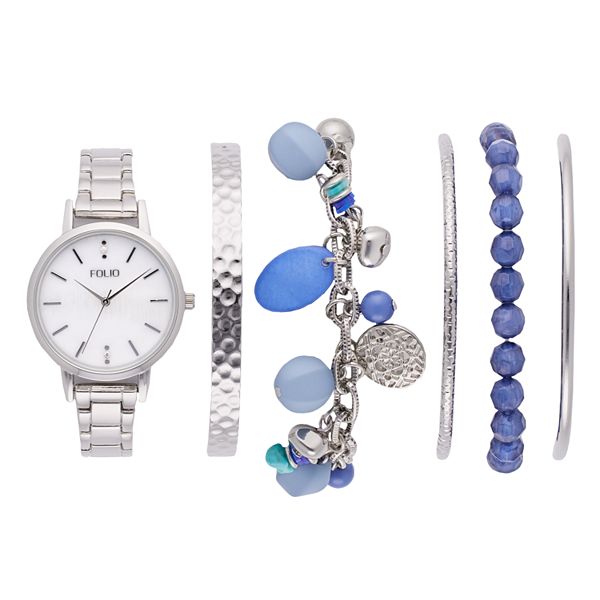 Folio Women's Silver Tone Watch & Blue Stackable Bracelet Set - Silver Tone