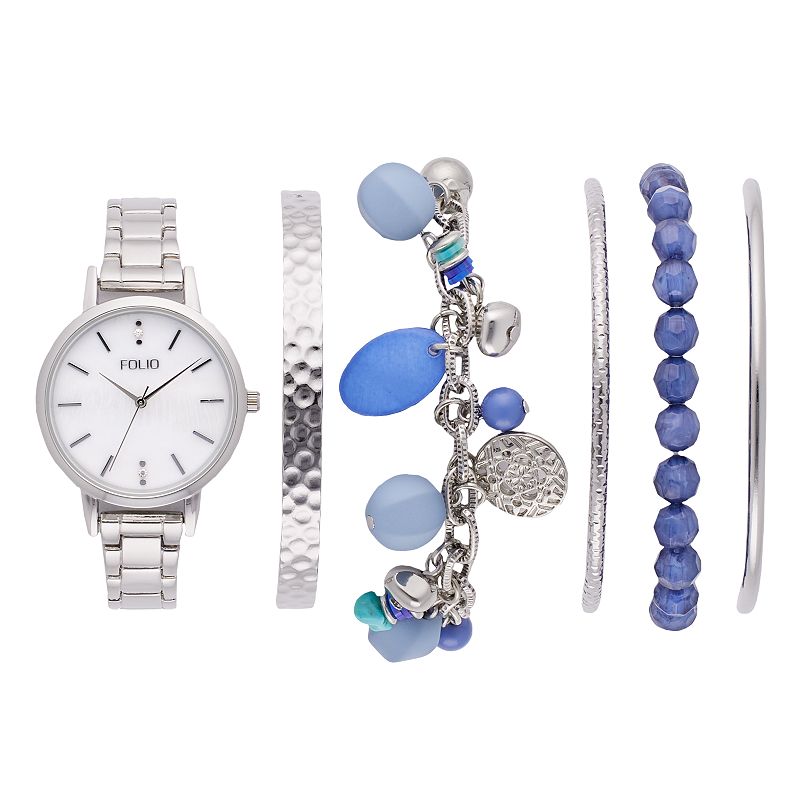 Folio Women's Silver Tone Watch & Blue Stackable Bracelet Set, Size: Medium