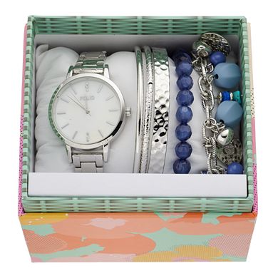 Folio Women's Silver Tone Watch & Blue Stackable Bracelet Set