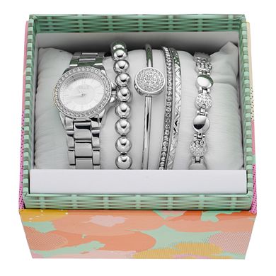 Folio Women's Silver Tone Glitz Watch & Stackable Bangle Bracelet Set