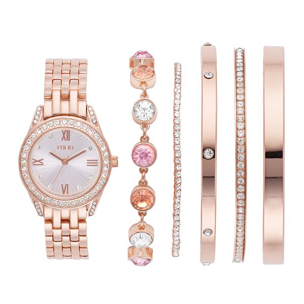 Folio Women's Gift Set; Rose Gold Tone Bracelet Watch, Clear Stone Case and Rose Gold Link Bracelet and Necklace with Heart Pendant(FMDAL1172), Size