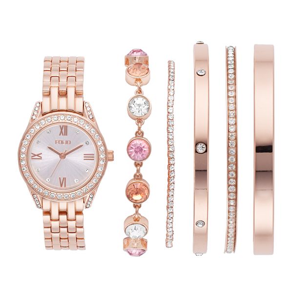 Folio Women's Rose Gold Tone Watch & Stackable Bracelet Set