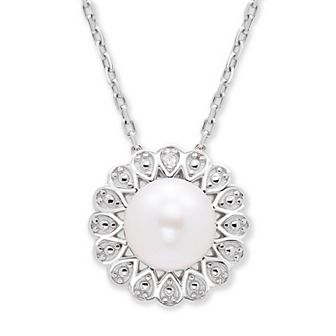 Sterling Silver Cultured Freshwater Pearl & Diamond Accent Flower Pendant Necklace