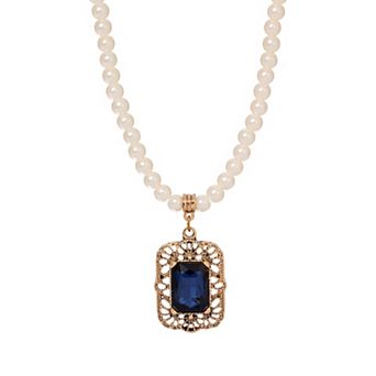 1928 Gold Tone Simulated Pearl Octagon Drop Necklace
