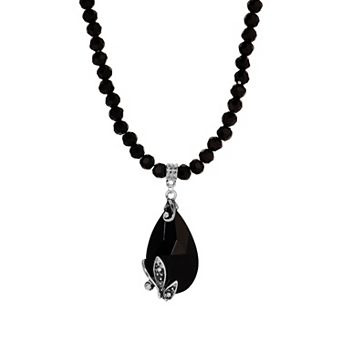 1928 Silver Tone Jet Beaded Teardrop Necklace