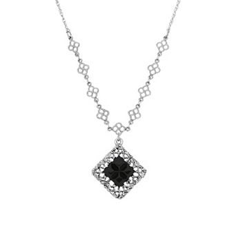 1928 Silver Tone Square Black Stone Necklace